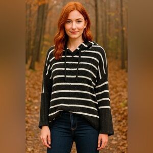 LOFT Black & White Striped Knit Hoodie Sweater – Women’s XS